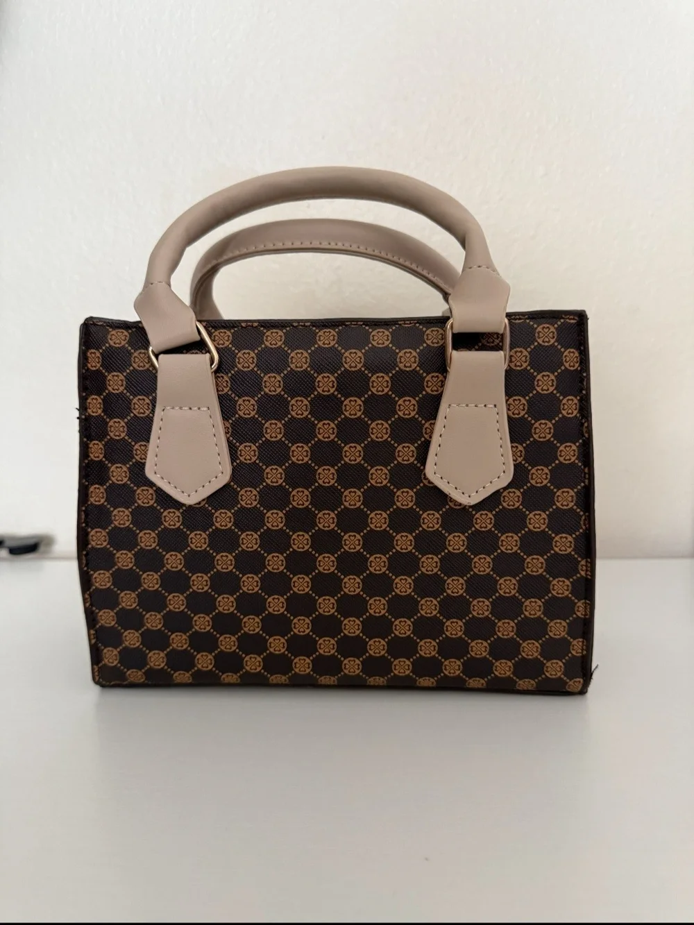 Women's Patterned Brown Satchel Handbag with Beige Handles
